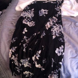 Black and Floral Print Wrap Skirt